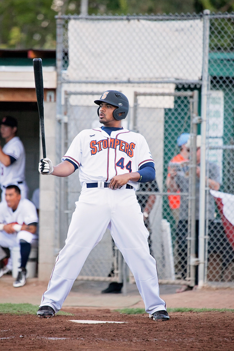 First baseman Daniel Baptista awaits a pitch during the Stompers’ first game of the season.